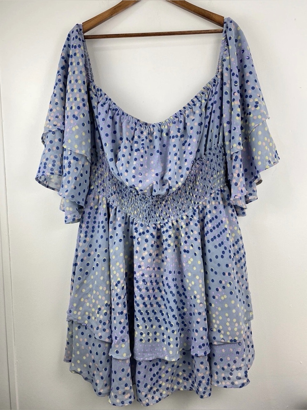 Truth NYC size 2X Women’s Blue Pink Green Polka Dot Off Shoulder Dress NWT - Picture 1 of 4